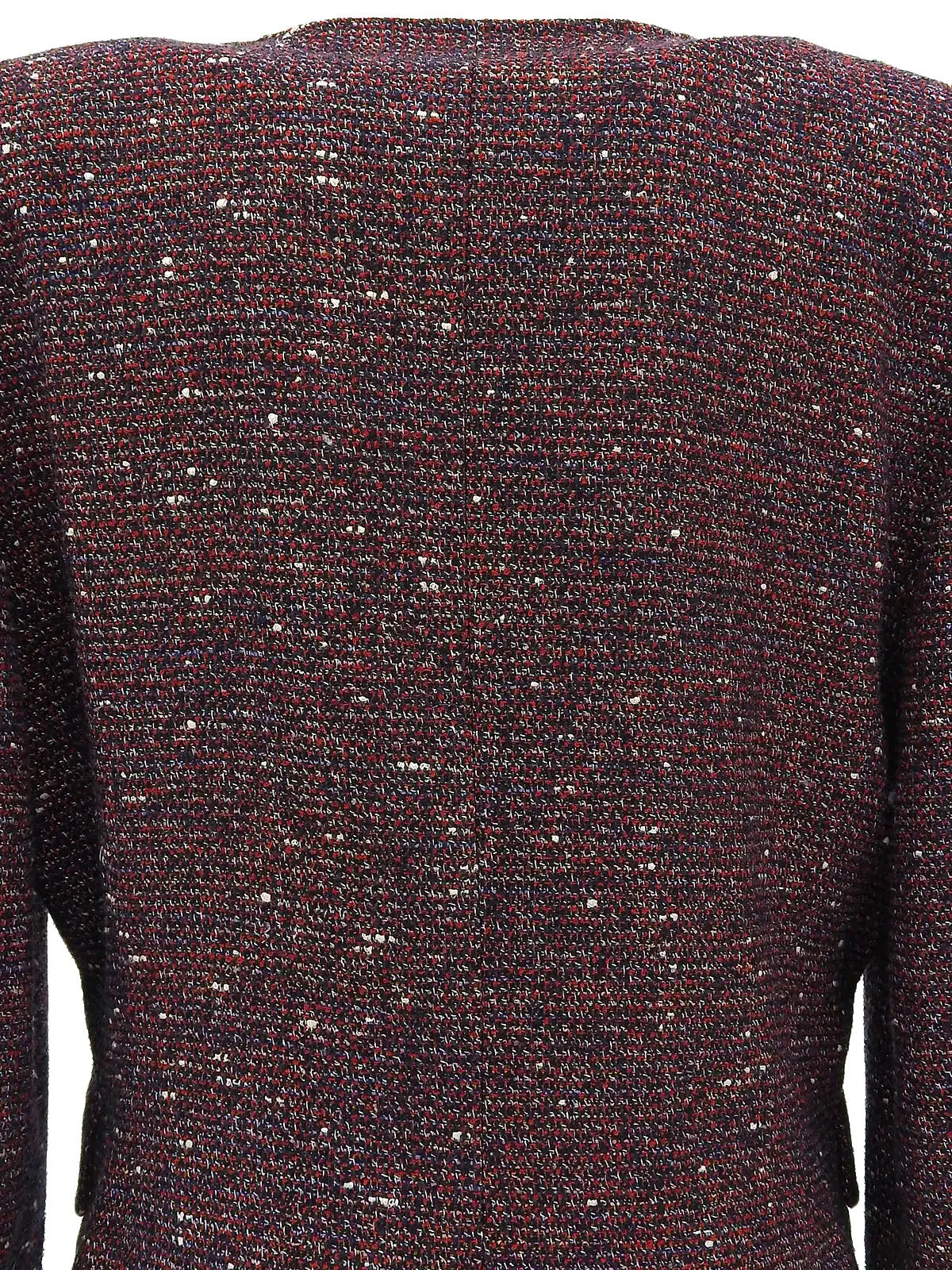 Tweed logo button collarless jacket in red/navy