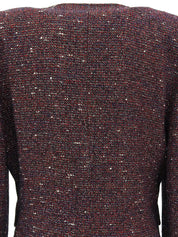 Tweed logo button collarless jacket in red/navy