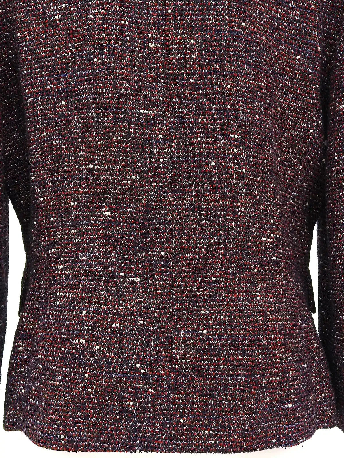 Tweed logo button collarless jacket in red/navy
