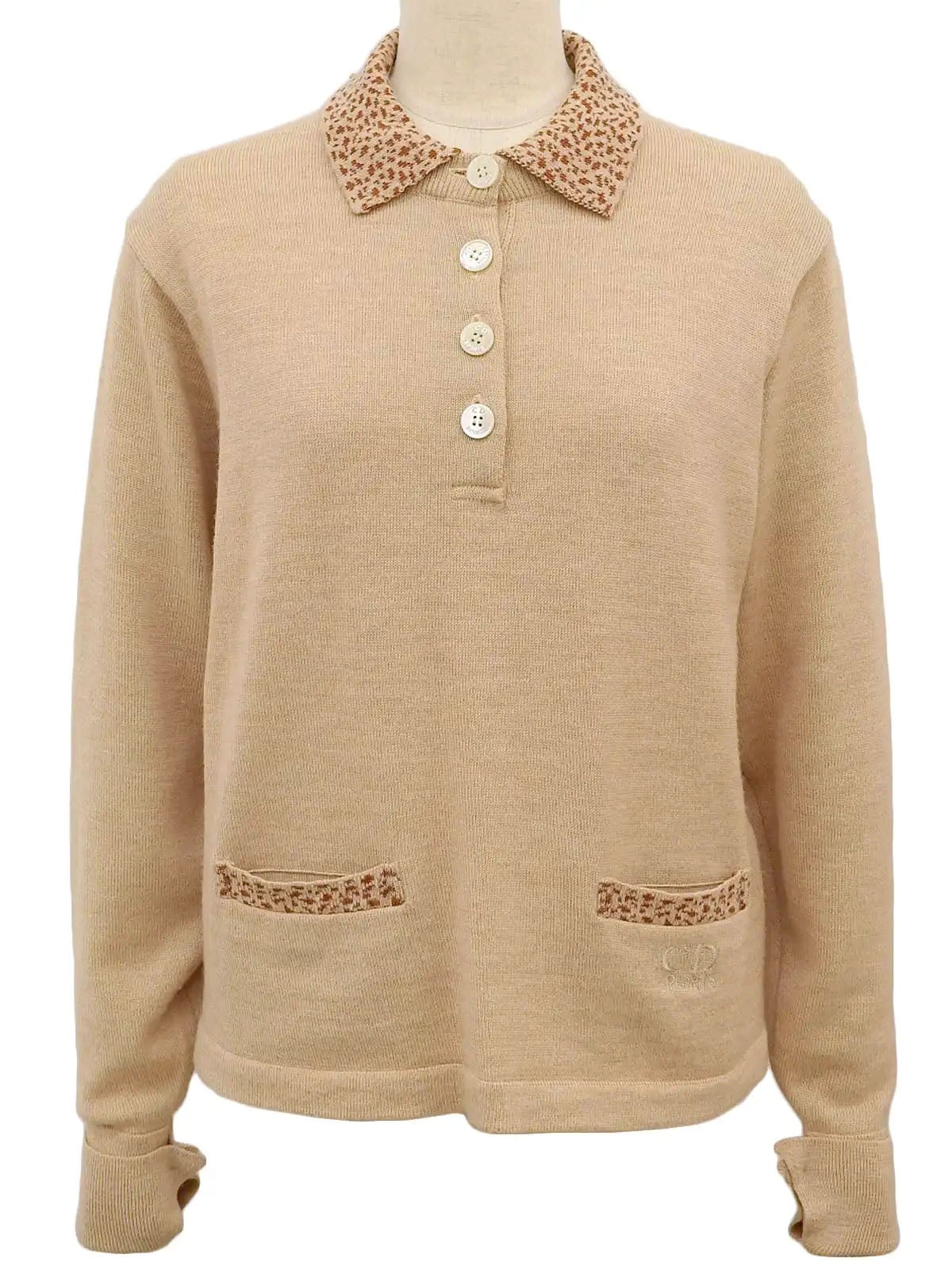 Logo Button Design Long Sleeve Knit Top in Beige/Camel