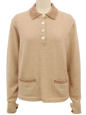 Logo Button Design Long Sleeve Knit Top in Beige/Camel