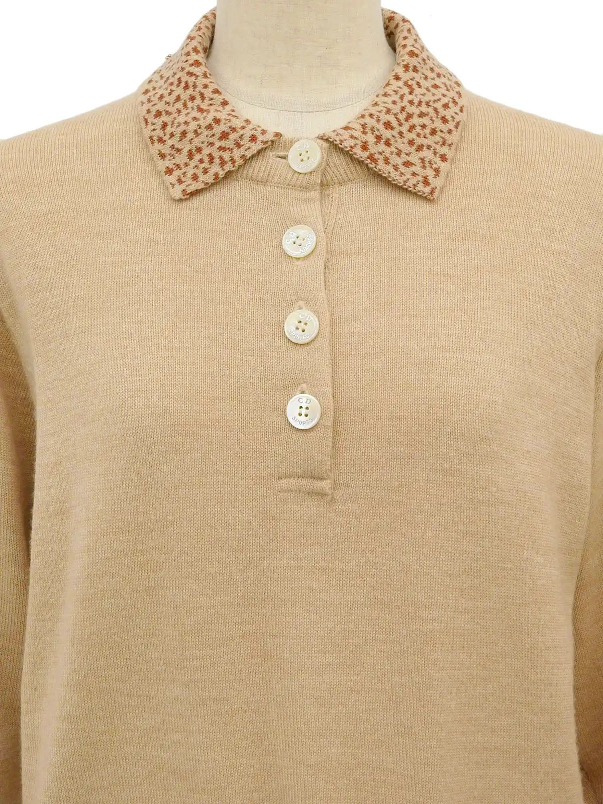 Logo Button Design Long Sleeve Knit Top in Beige/Camel
