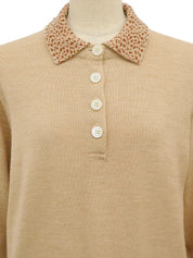 Logo Button Design Long Sleeve Knit Top in Beige/Camel