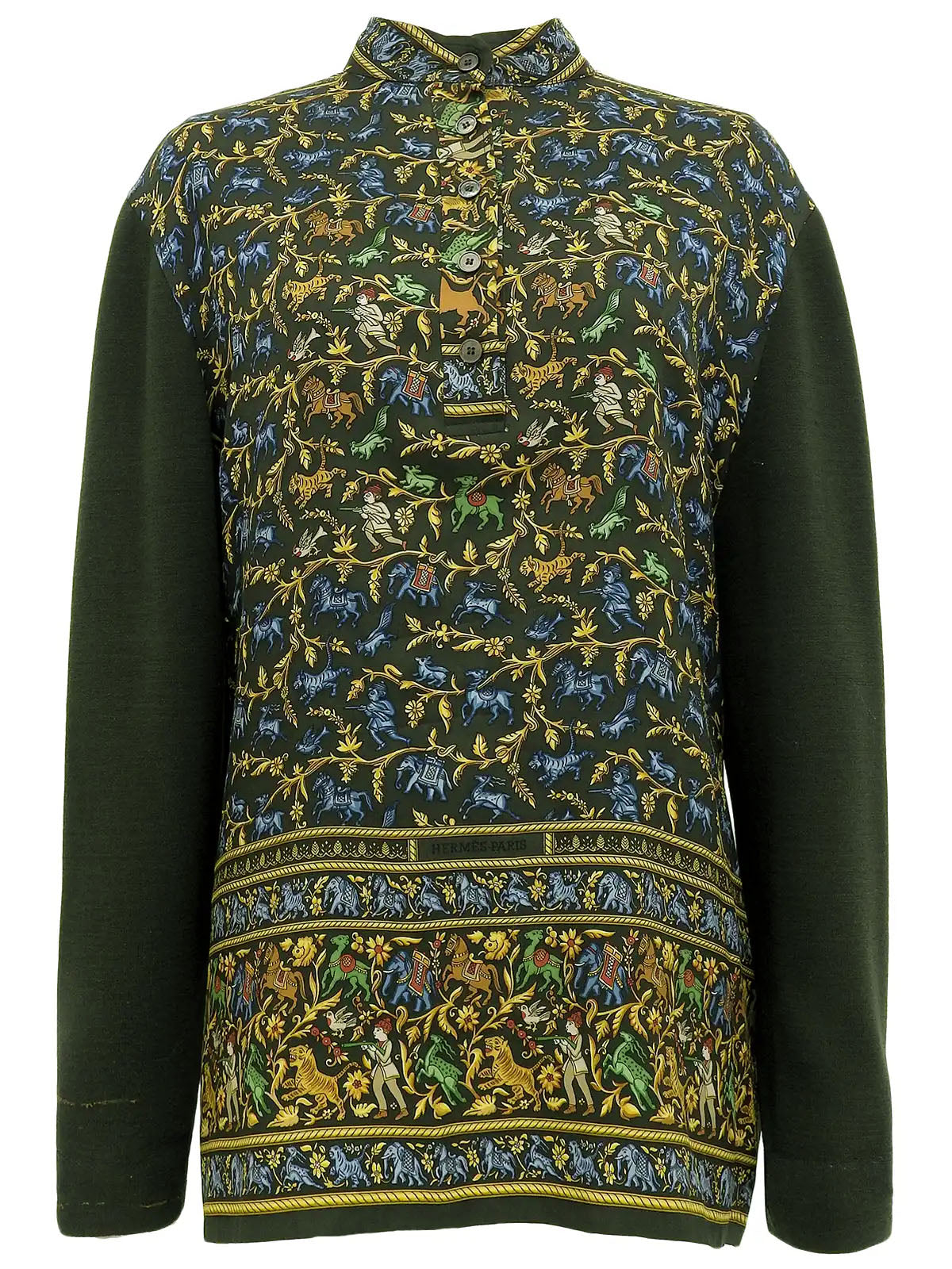 Silk knit combination scarf pattern long sleeve top in green/multi