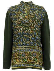 Silk knit combination scarf pattern long sleeve top in green/multi