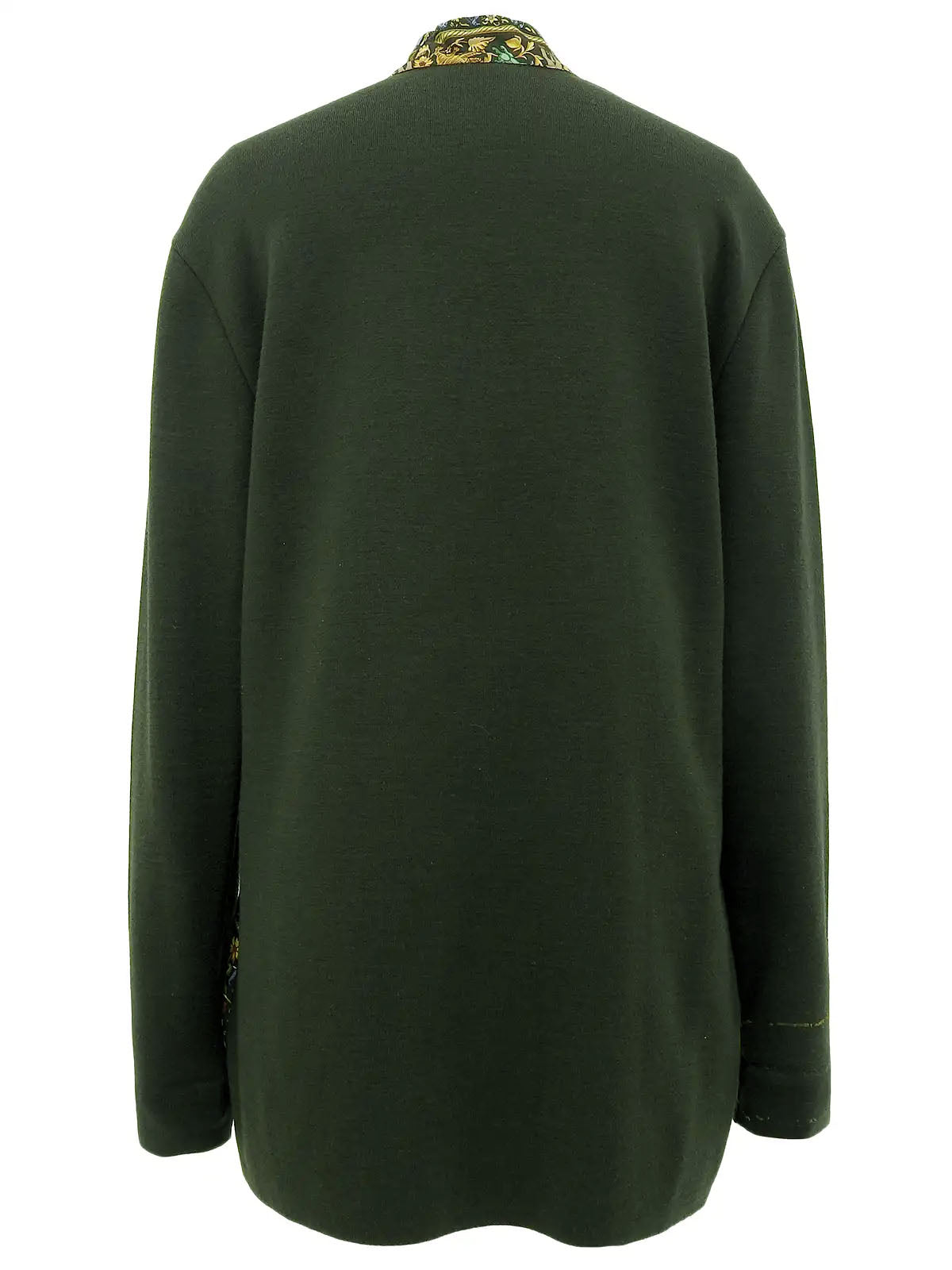 Silk knit combination scarf pattern long sleeve top in green/multi