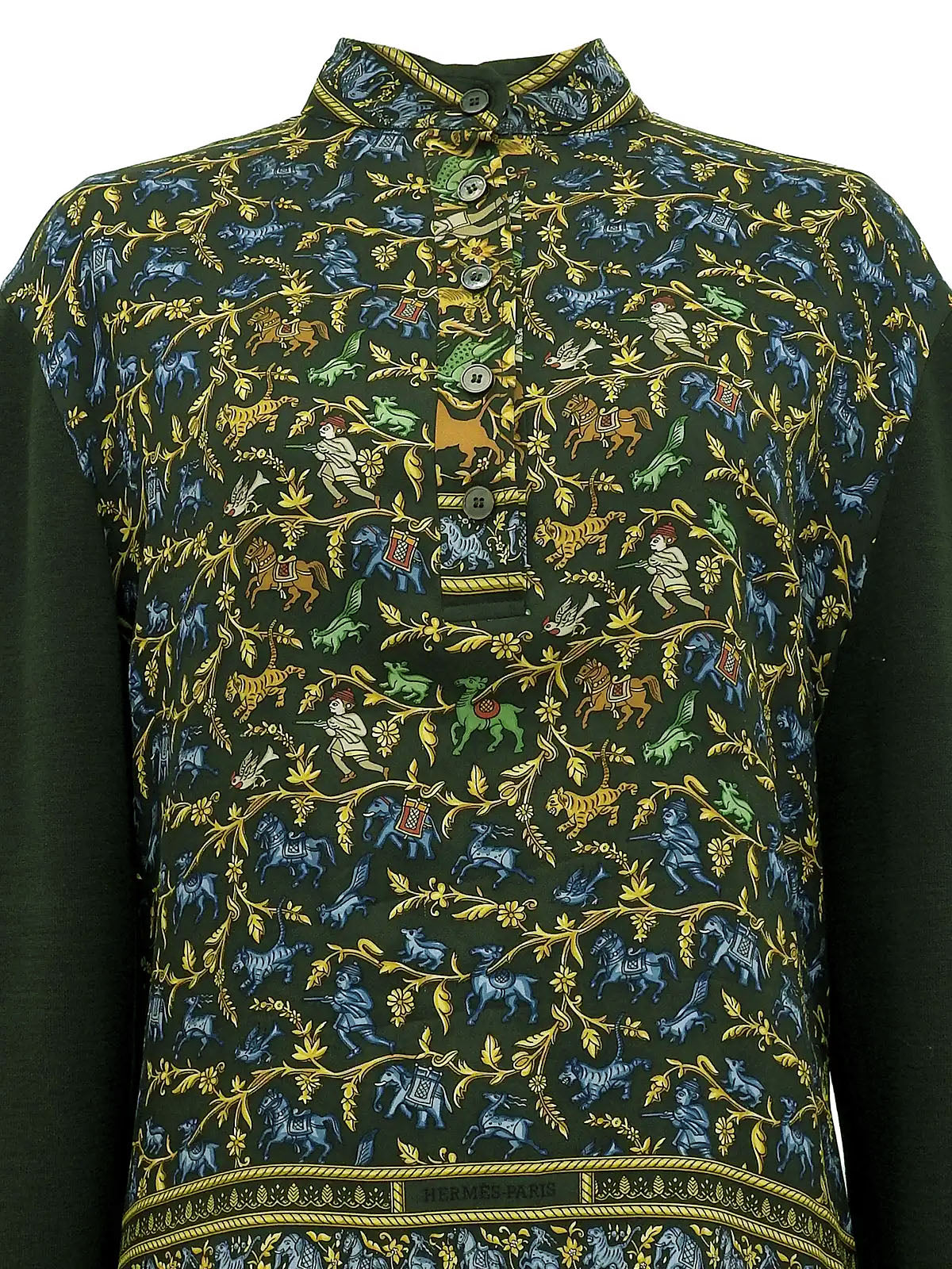 Silk knit combination scarf pattern long sleeve top in green/multi