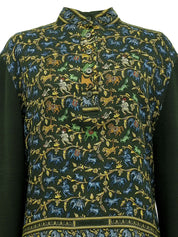 Silk knit combination scarf pattern long sleeve top in green/multi