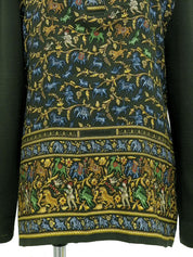 Silk knit combination scarf pattern long sleeve top in green/multi
