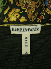 Silk knit combination scarf pattern long sleeve top in green/multi