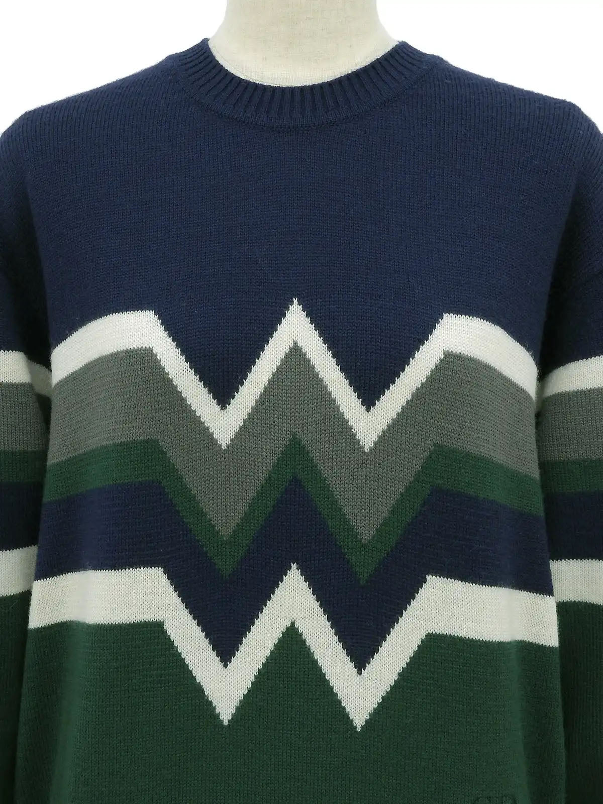 ボーダーパターンロゴ刺繍ロングスリーブニットトップス　ネイビー／グリーン