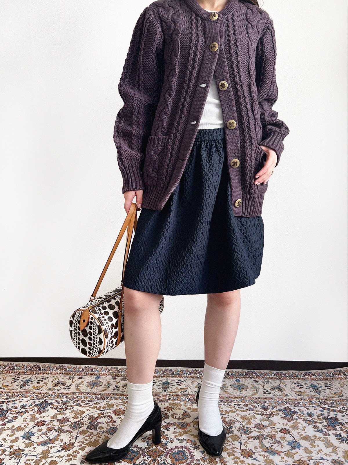 Wool Horn Logo Button Cable Knit Cardigan in Smoky Purple