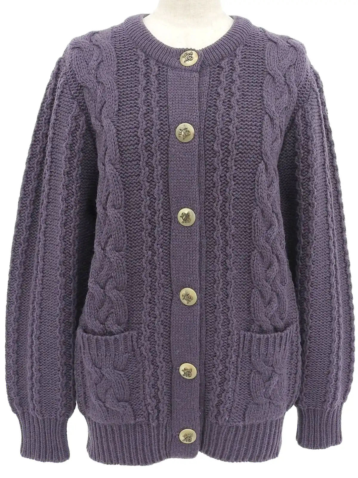 Wool Horn Logo Button Cable Knit Cardigan in Smoky Purple