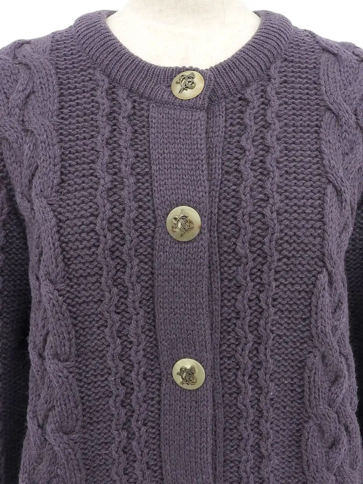 Wool Horn Logo Button Cable Knit Cardigan in Smoky Purple