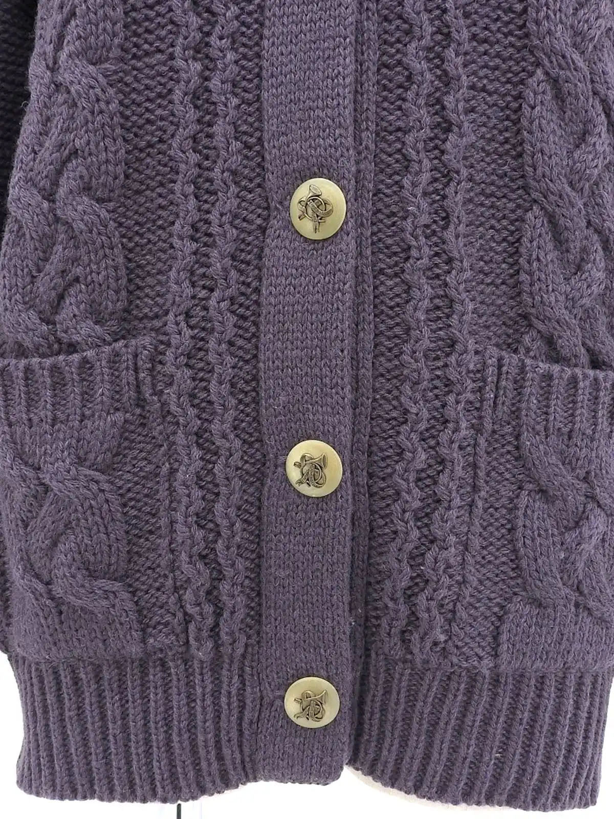 Wool Horn Logo Button Cable Knit Cardigan in Smoky Purple