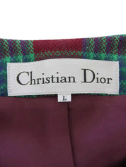 Check pattern double button collarless jacket in burgundy/green/blue