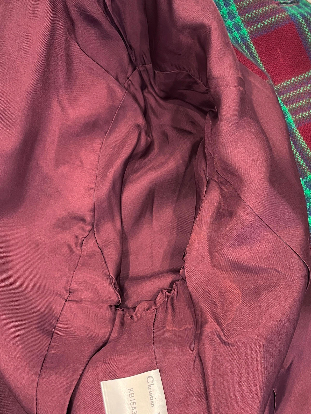 Check pattern double button collarless jacket in burgundy/green/blue