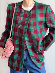 Check pattern double button collarless jacket in burgundy/green/blue