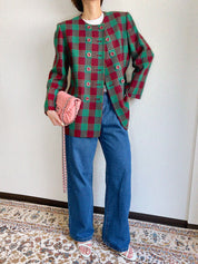 Check pattern double button collarless jacket in burgundy/green/blue