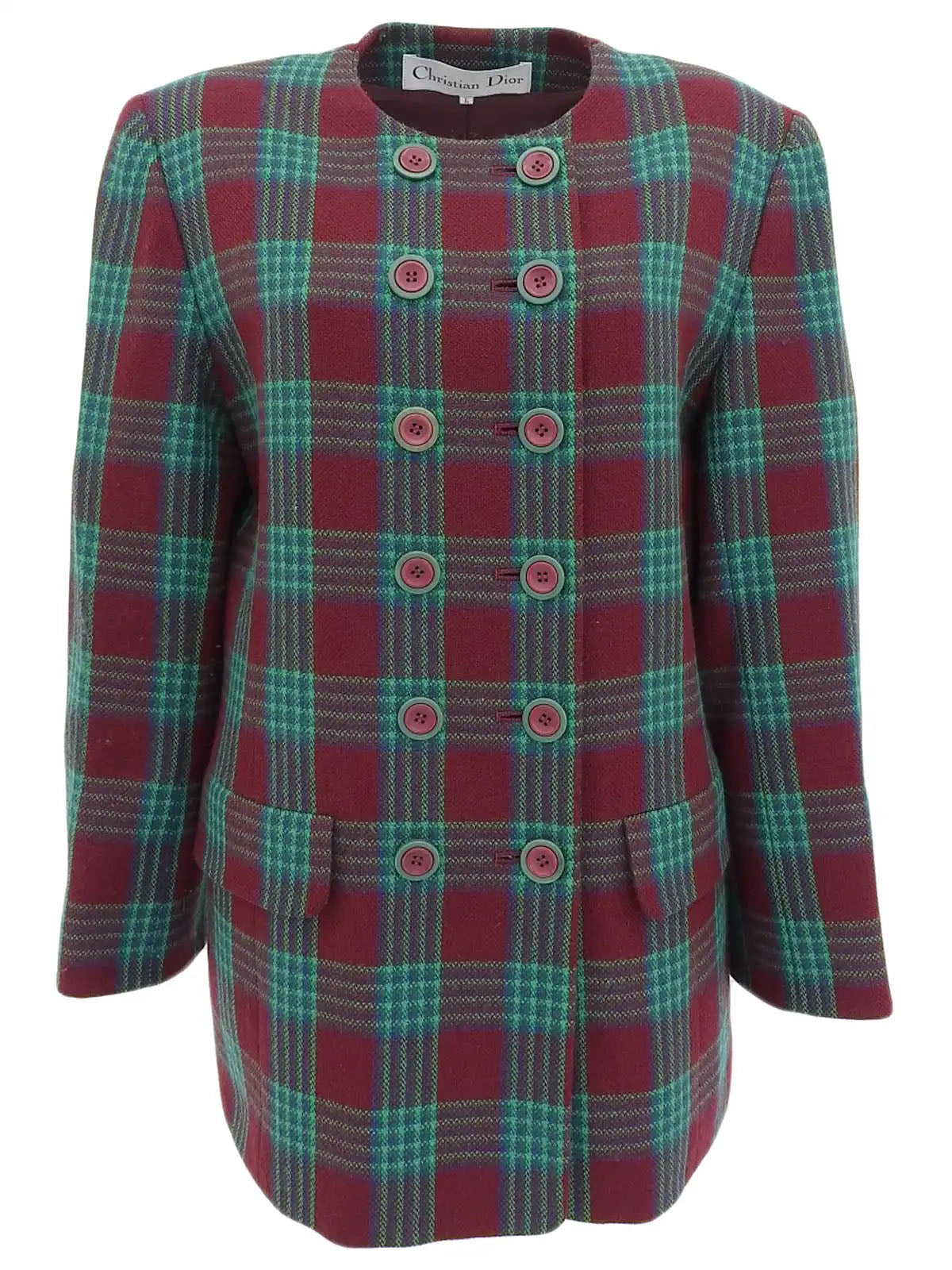Check pattern double button collarless jacket in burgundy/green/blue