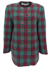 Check pattern double button collarless jacket in burgundy/green/blue
