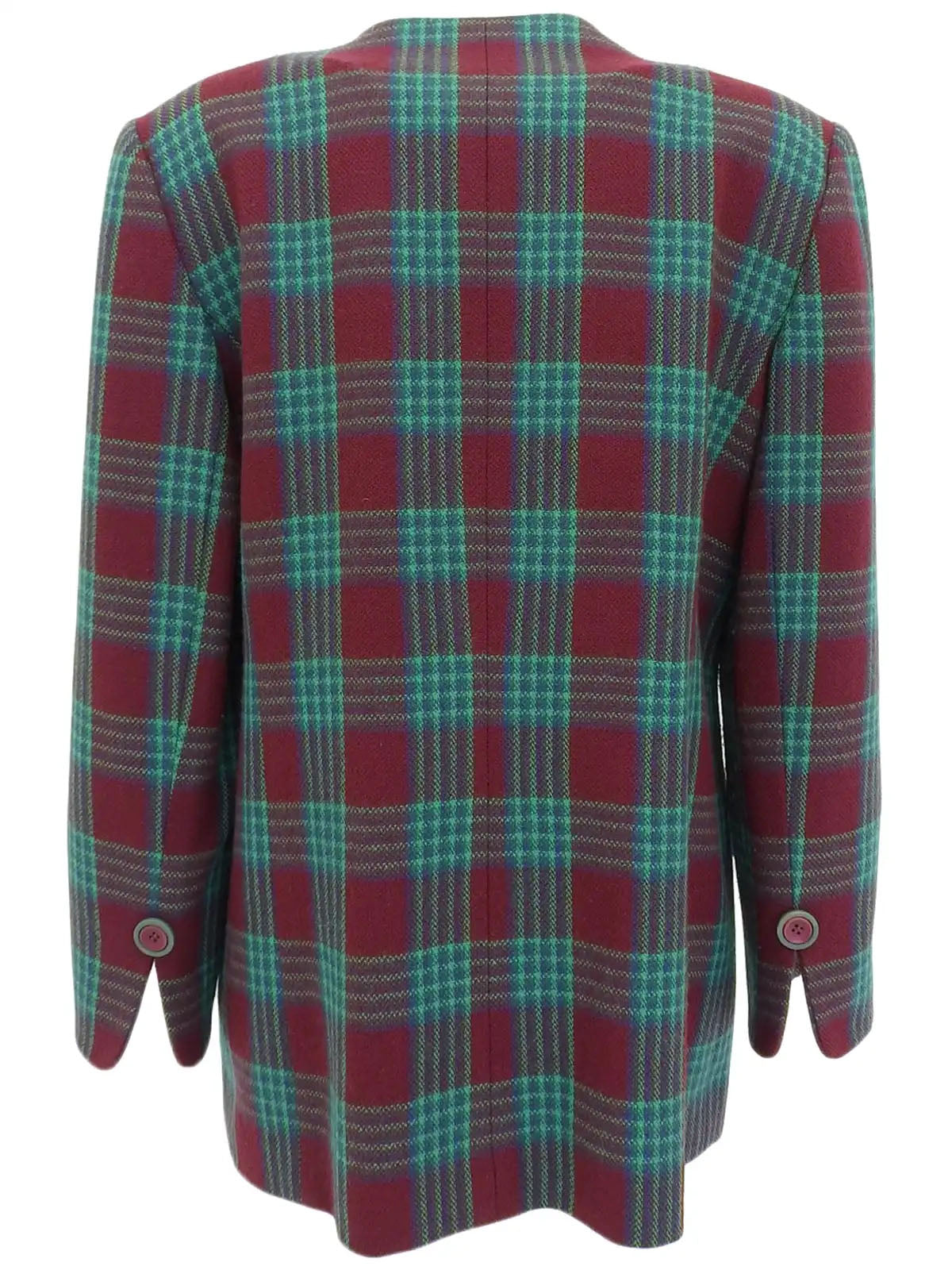 Check pattern double button collarless jacket in burgundy/green/blue