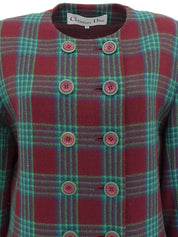 Check pattern double button collarless jacket in burgundy/green/blue