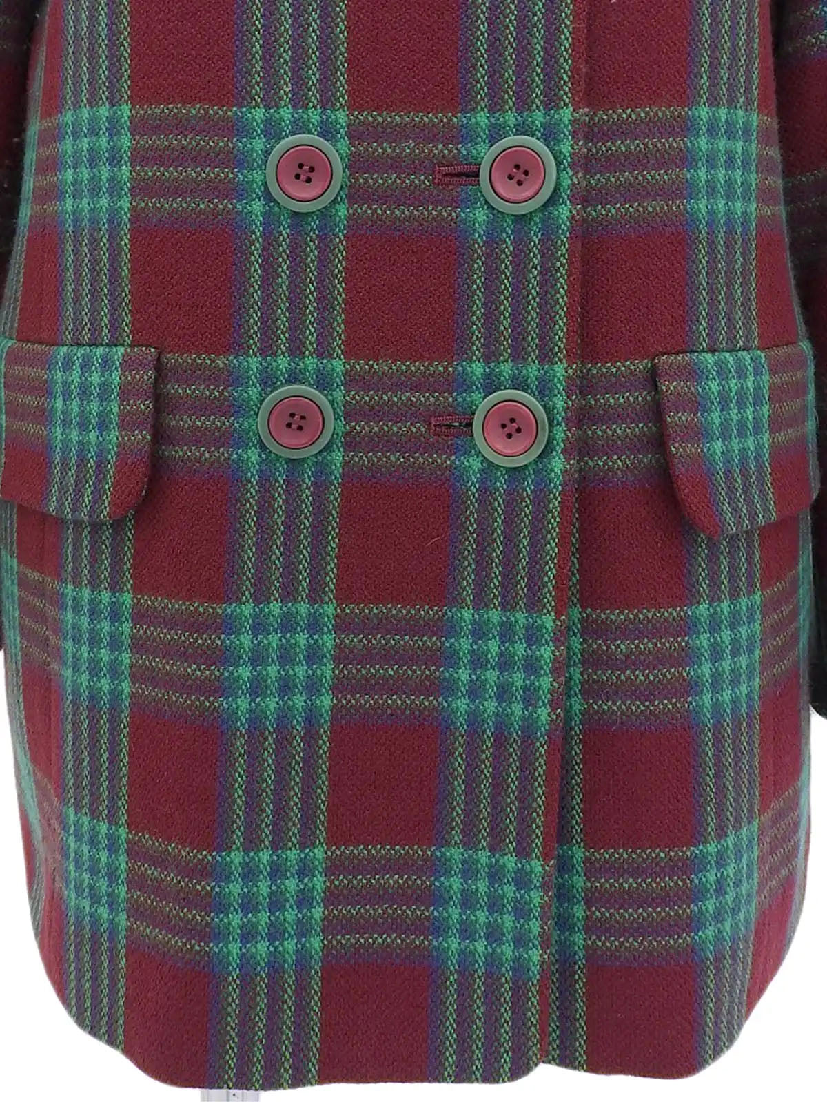 Check pattern double button collarless jacket in burgundy/green/blue
