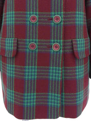 Check pattern double button collarless jacket in burgundy/green/blue