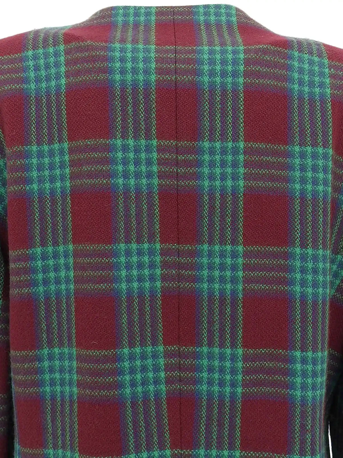 Check pattern double button collarless jacket in burgundy/green/blue