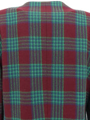 Check pattern double button collarless jacket in burgundy/green/blue