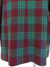 Check pattern double button collarless jacket in burgundy/green/blue