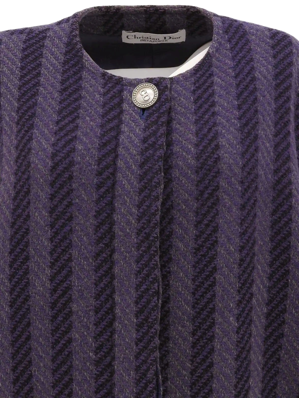 紫色/黑色/灰色条纹图案徽标纽扣无领大衣