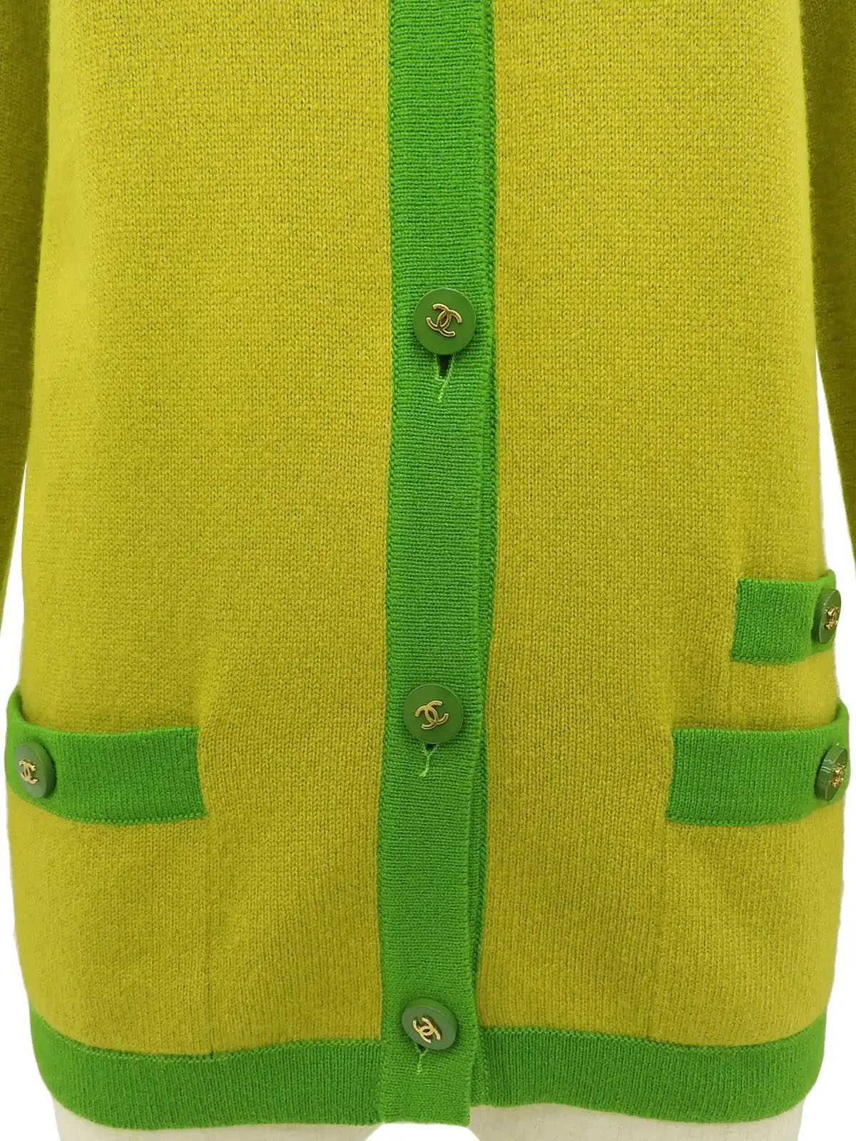 1994 Cashmere Two-Tone CC Mark Button Cardigan in Yellow-Green/Green