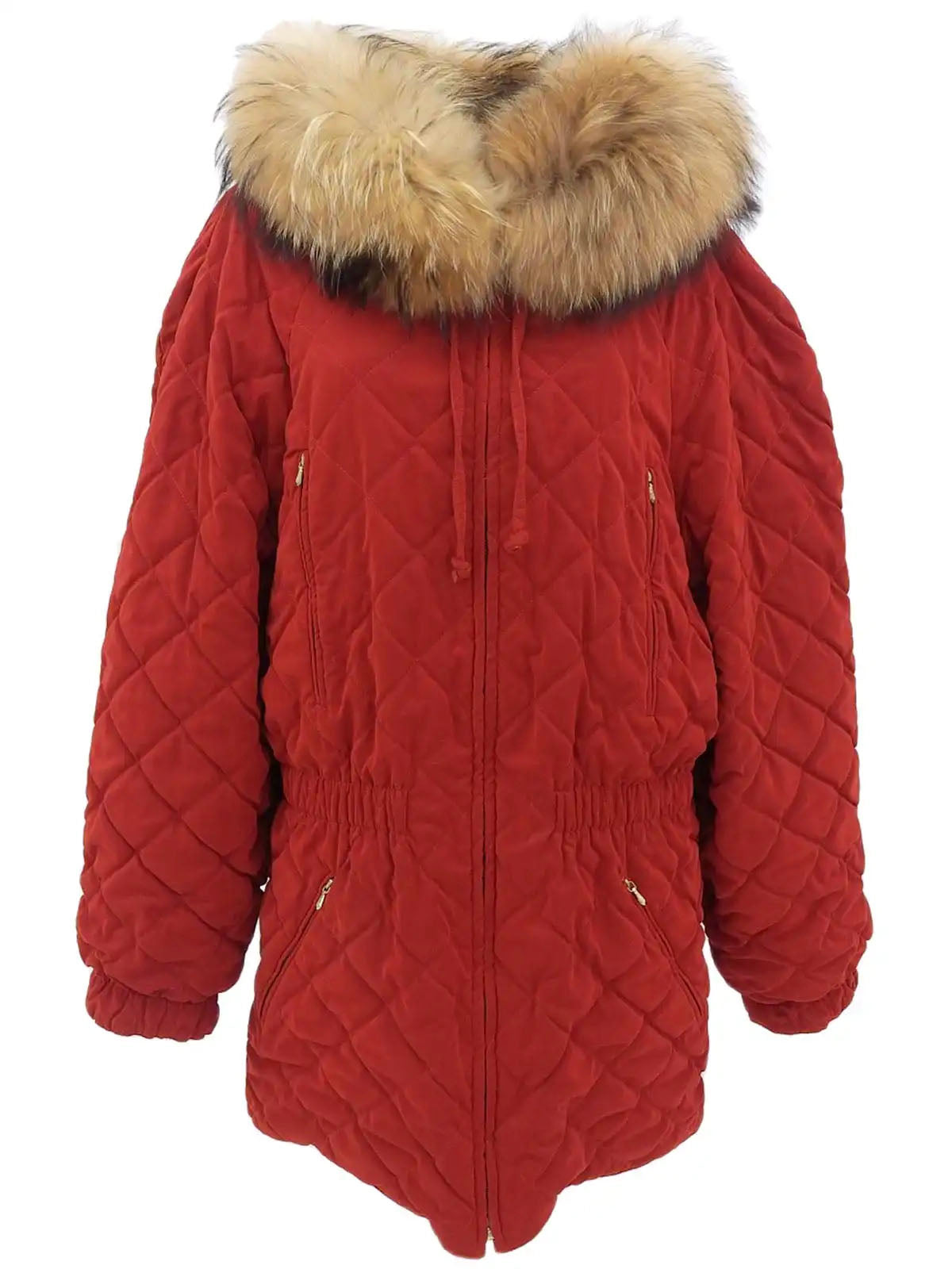 Quilted fur hooded coat in red