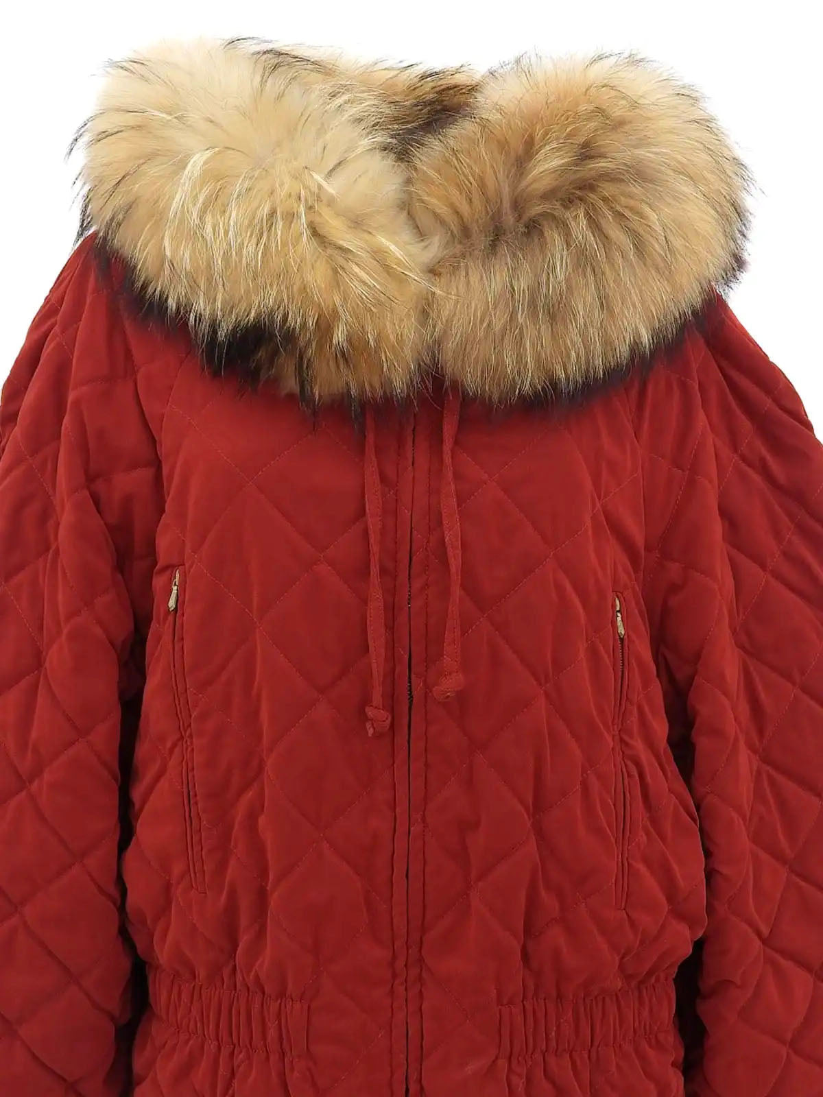 Quilted fur hooded coat in red