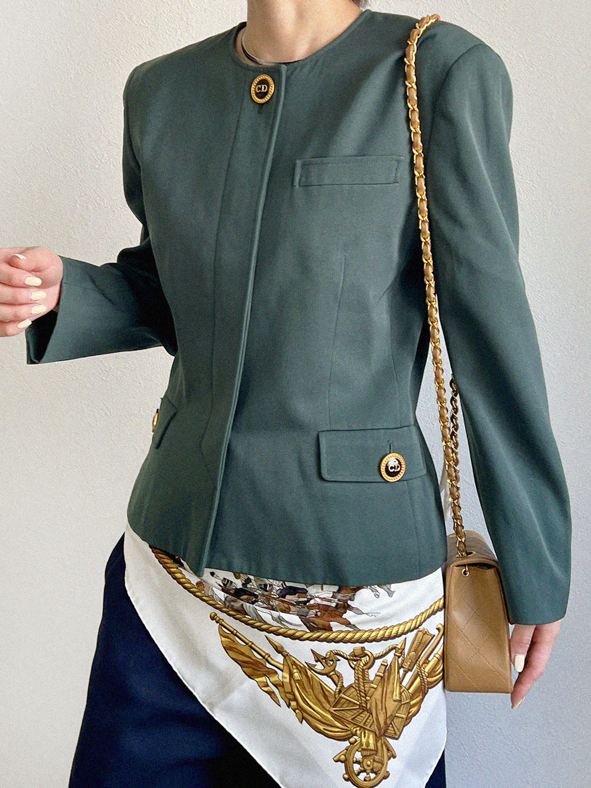 Logo Button Collarless Jacket Green