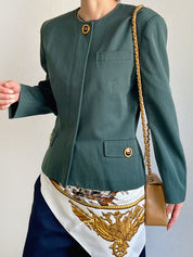 Logo Button Collarless Jacket Green