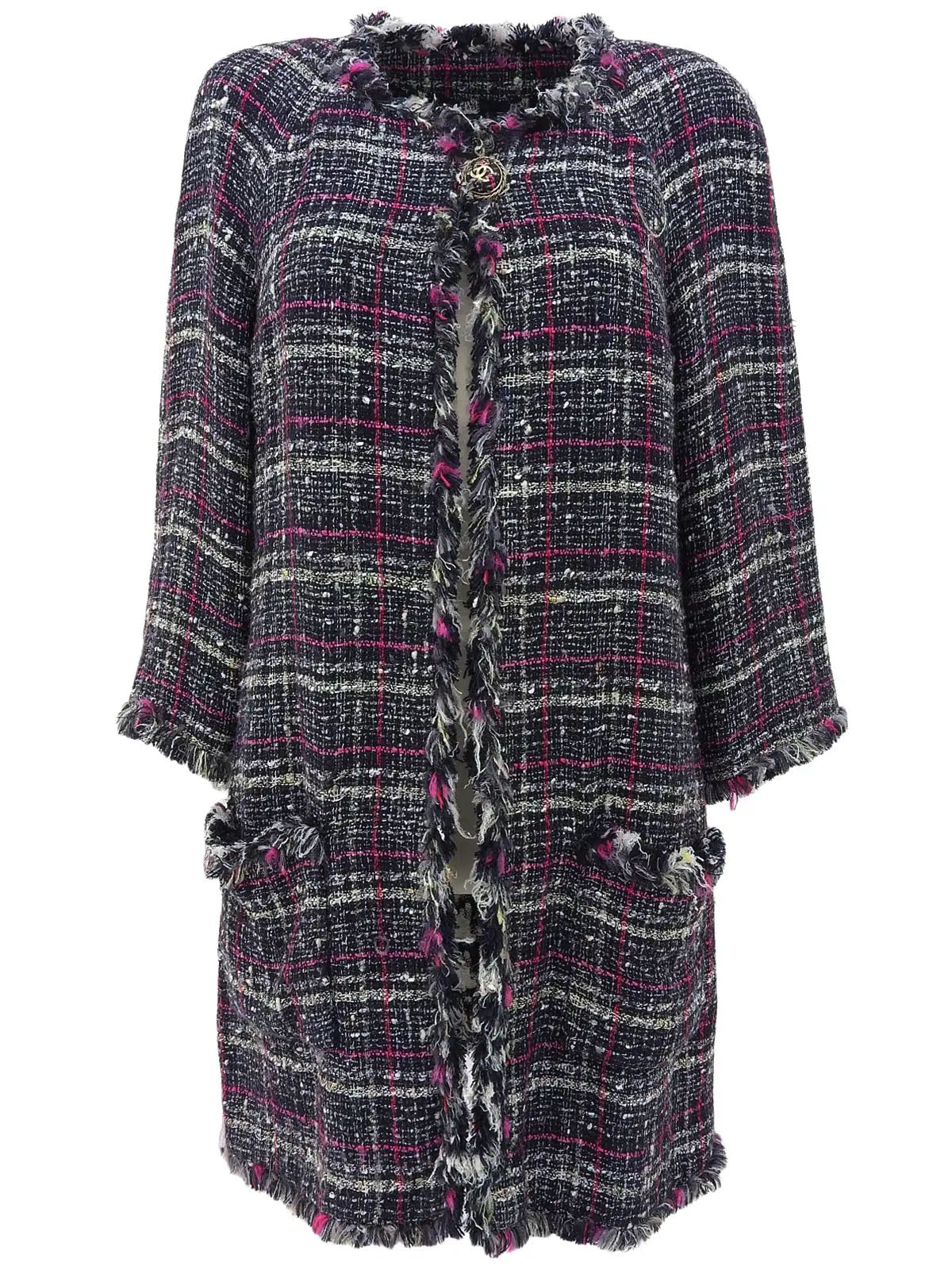 2007 Tweed CC Mark Collarless Long Jacket in Navy/Pink/Multi