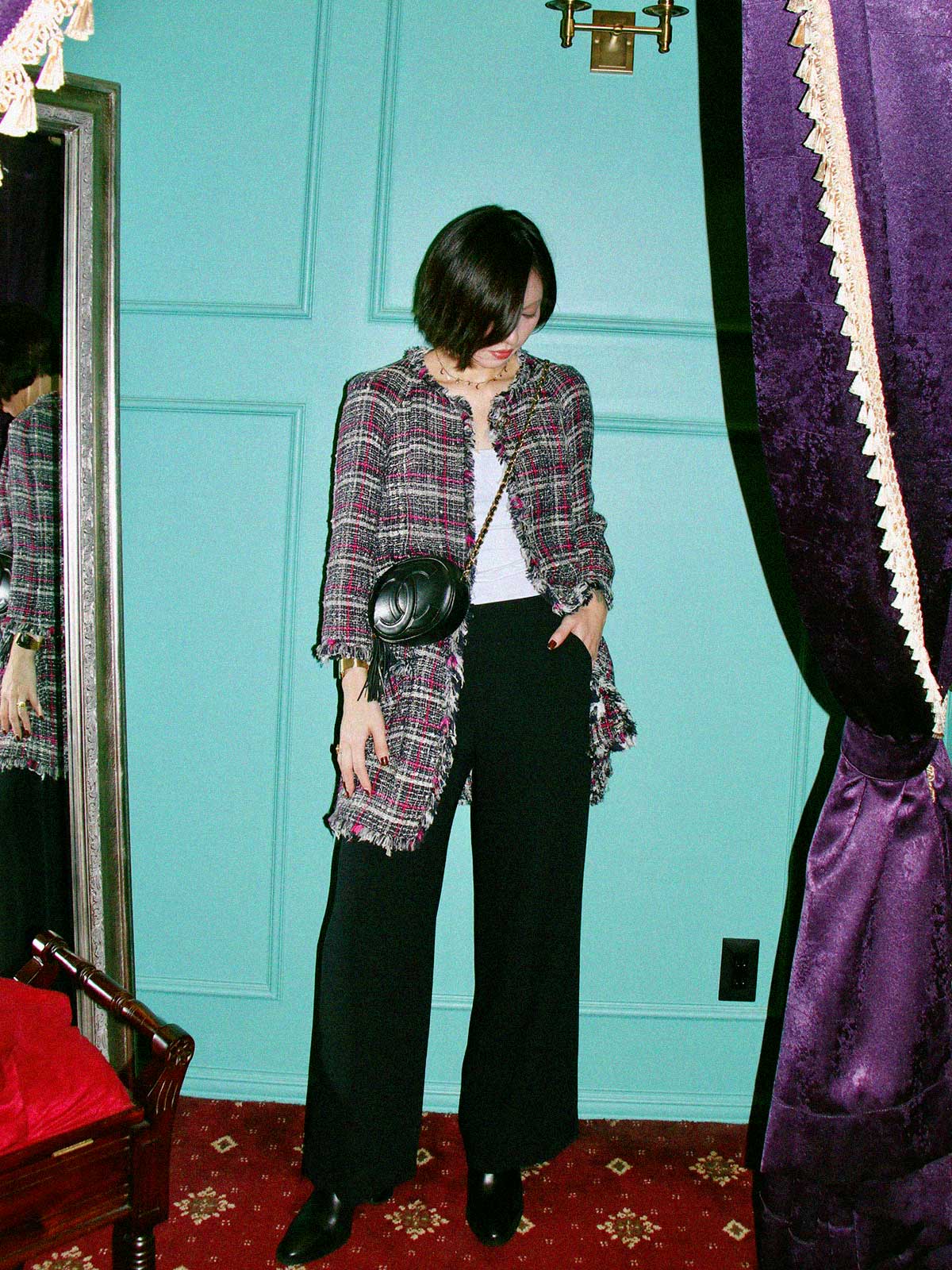 2007 Tweed CC Mark Collarless Long Jacket in Navy/Pink/Multi