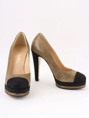 バイカラーCCマークステッチパンプス　ブロンズ／ブラック