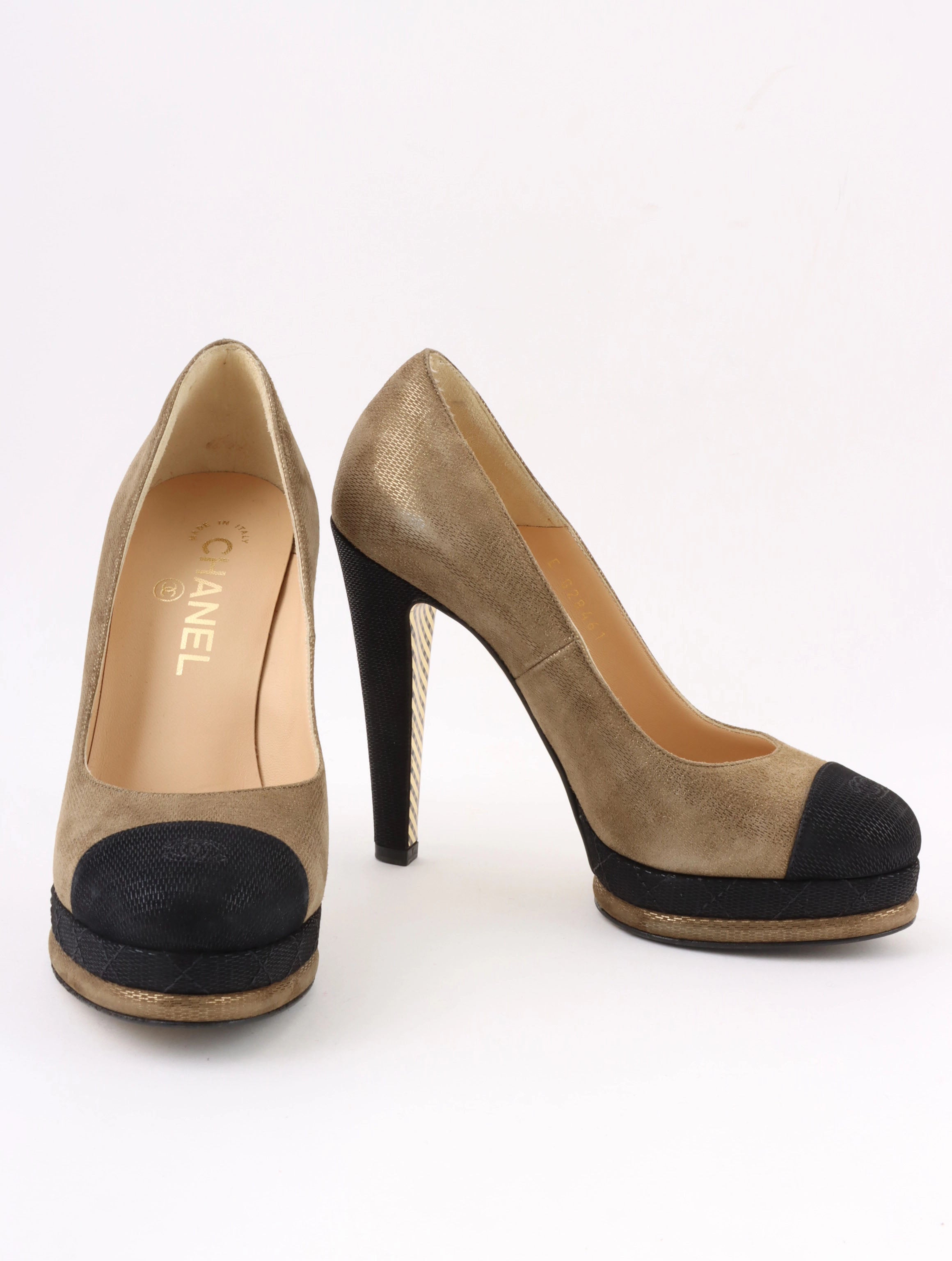 バイカラーCCマークステッチパンプス　ブロンズ／ブラック