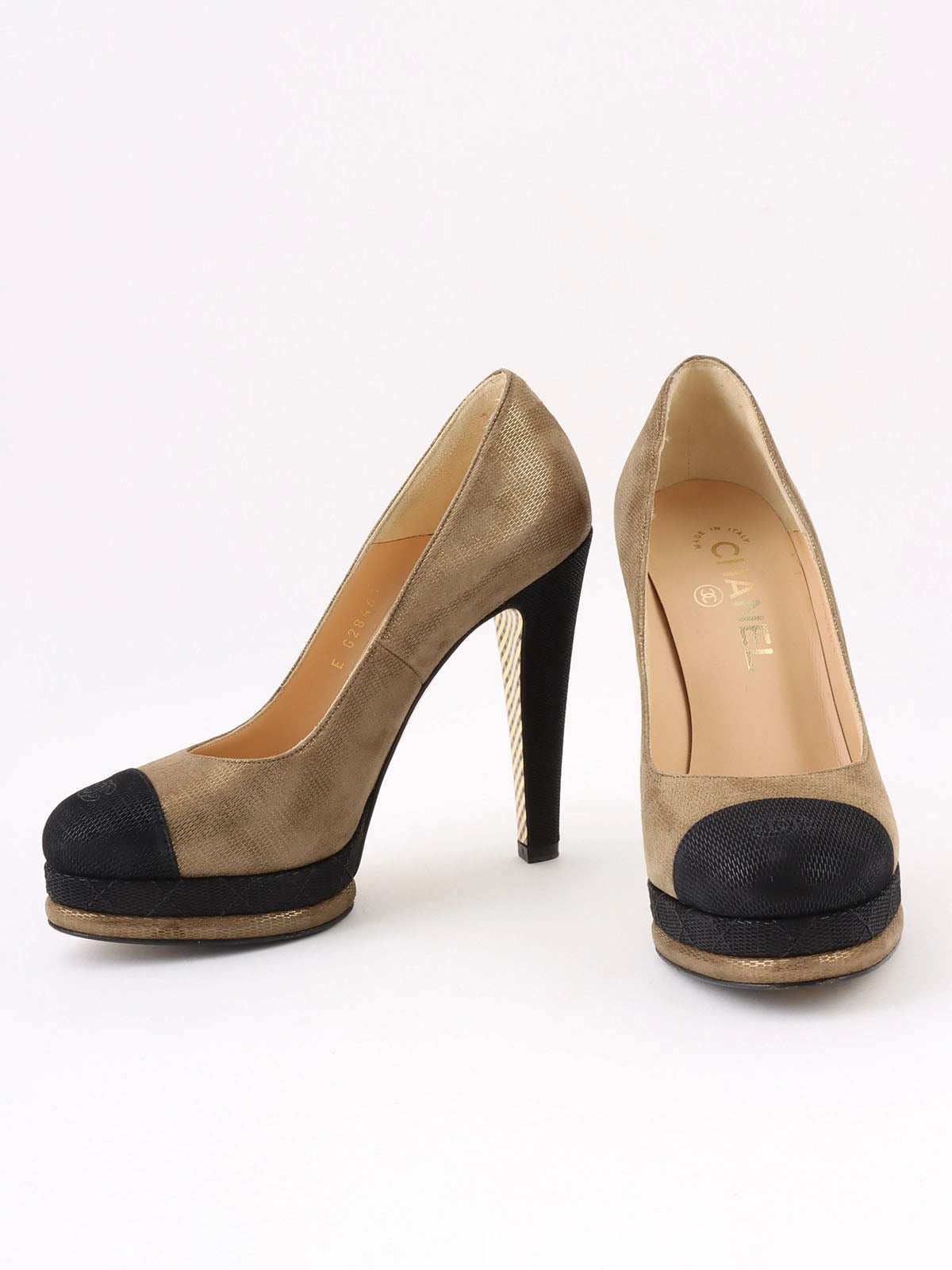 バイカラーCCマークステッチパンプス　ブロンズ／ブラック
