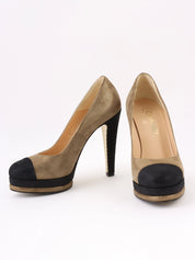 バイカラーCCマークステッチパンプス　ブロンズ／ブラック