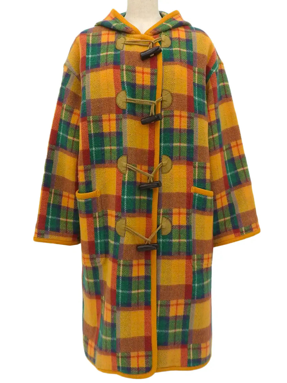Wool check pattern duffle coat in mustard, green, and multicolor