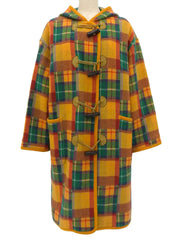 Wool check pattern duffle coat in mustard, green, and multicolor