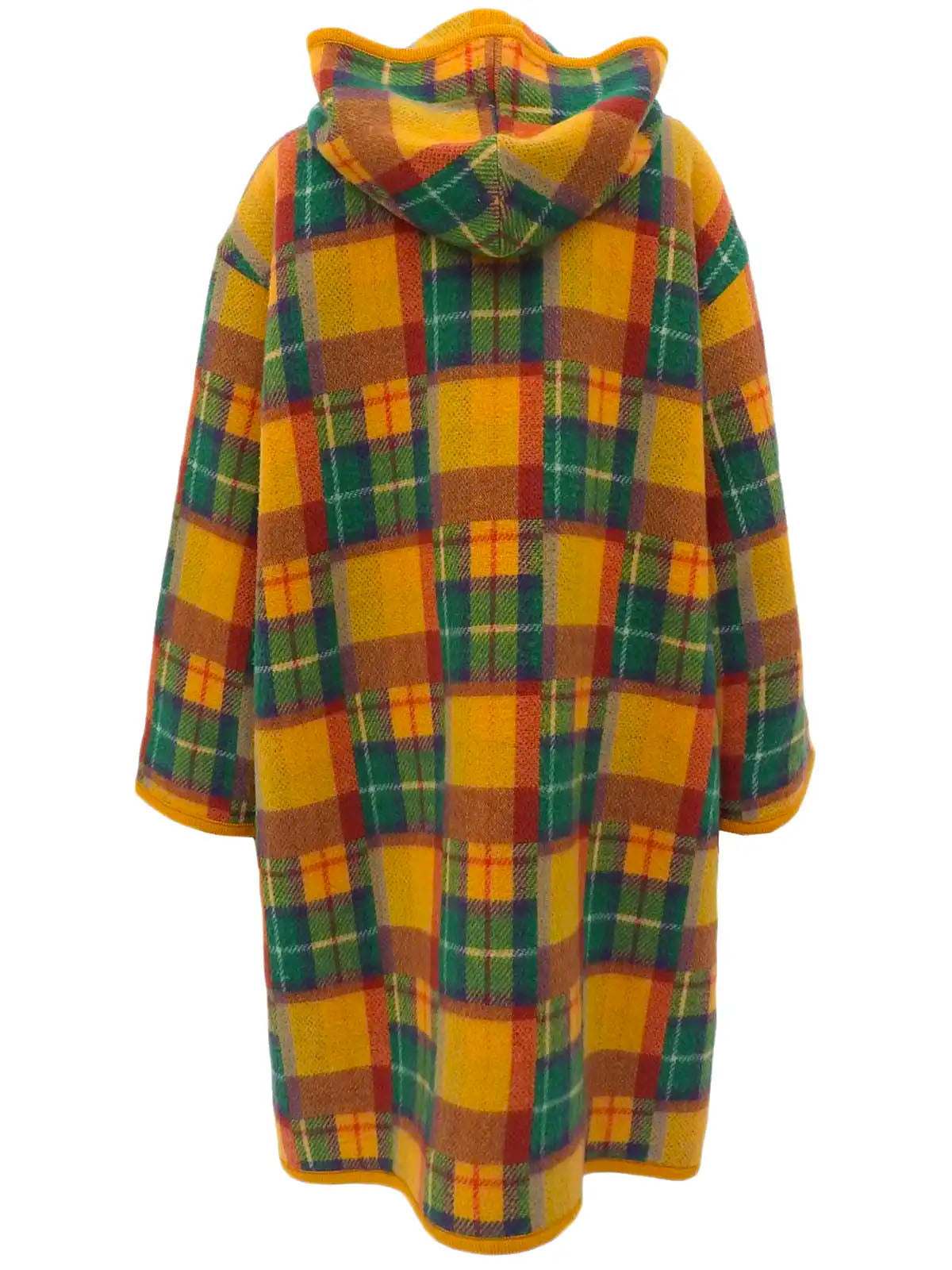 Wool check pattern duffle coat in mustard, green, and multicolor