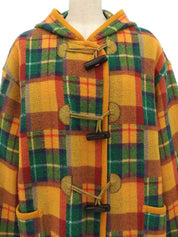 Wool check pattern duffle coat in mustard, green, and multicolor