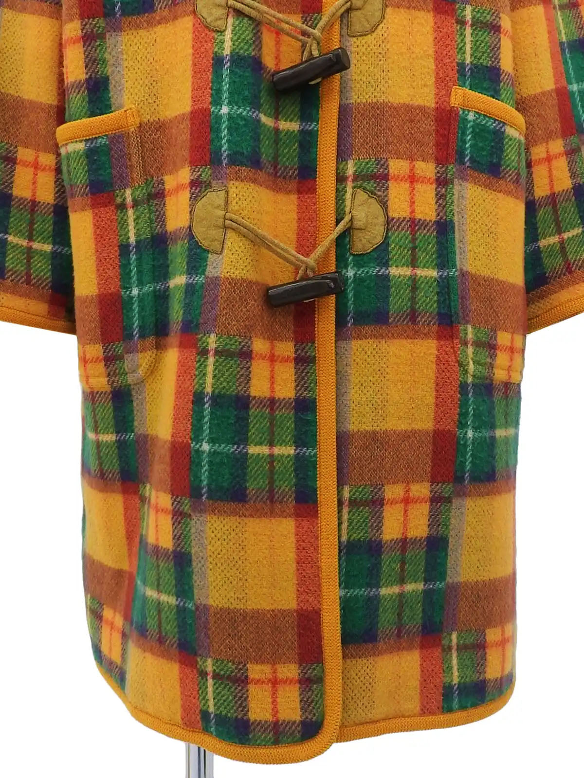 Wool check pattern duffle coat in mustard, green, and multicolor