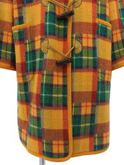 Wool check pattern duffle coat in mustard, green, and multicolor